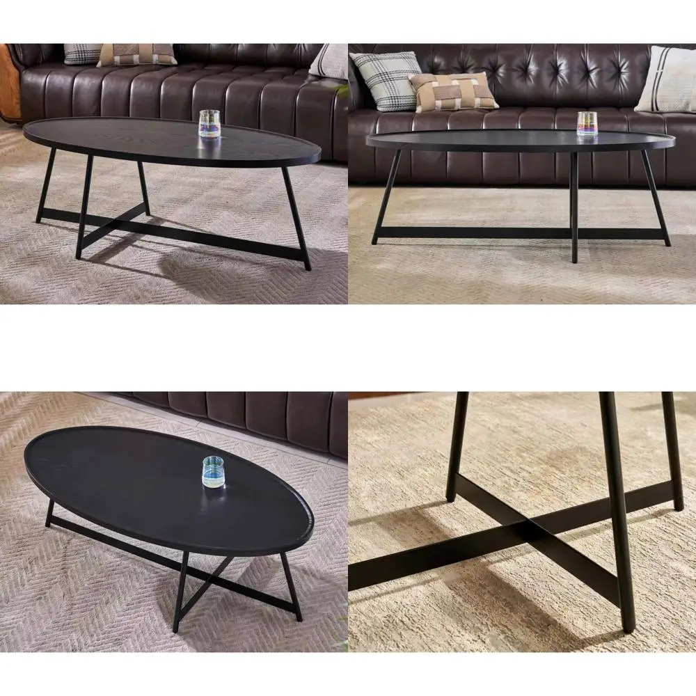 Walnut Living Room Coffee Table with Metal Frame, 43.3 Diameter x 21.6 Width x 15.7 Height, Black Wood and Metal Base