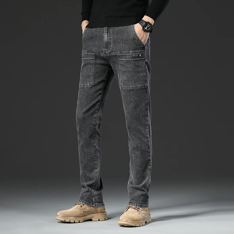 6 جيوب تصميم الدينيم الجينز الرجال 2025 جديد مرونة عالية الدنيم بناطيل كاجوال مستقيم الذكور السراويل موضة منتصف الخصر الجينز