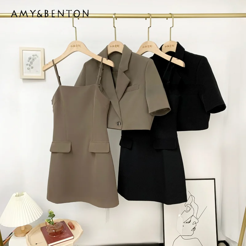 

Short Slevee Suit Coat Suspender Dress 2023 Spring Autumn New Sexy Slimming All-Matching Graceful Waist A- Line Dress Set