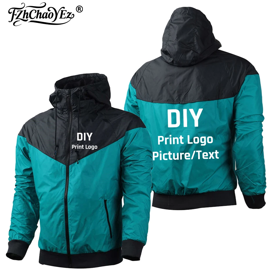 Custom Your Logo Men Spring and Autumn Zipper Printing Sports Harajuku Windbreaker DIY Design Hooded Hoodie Tops