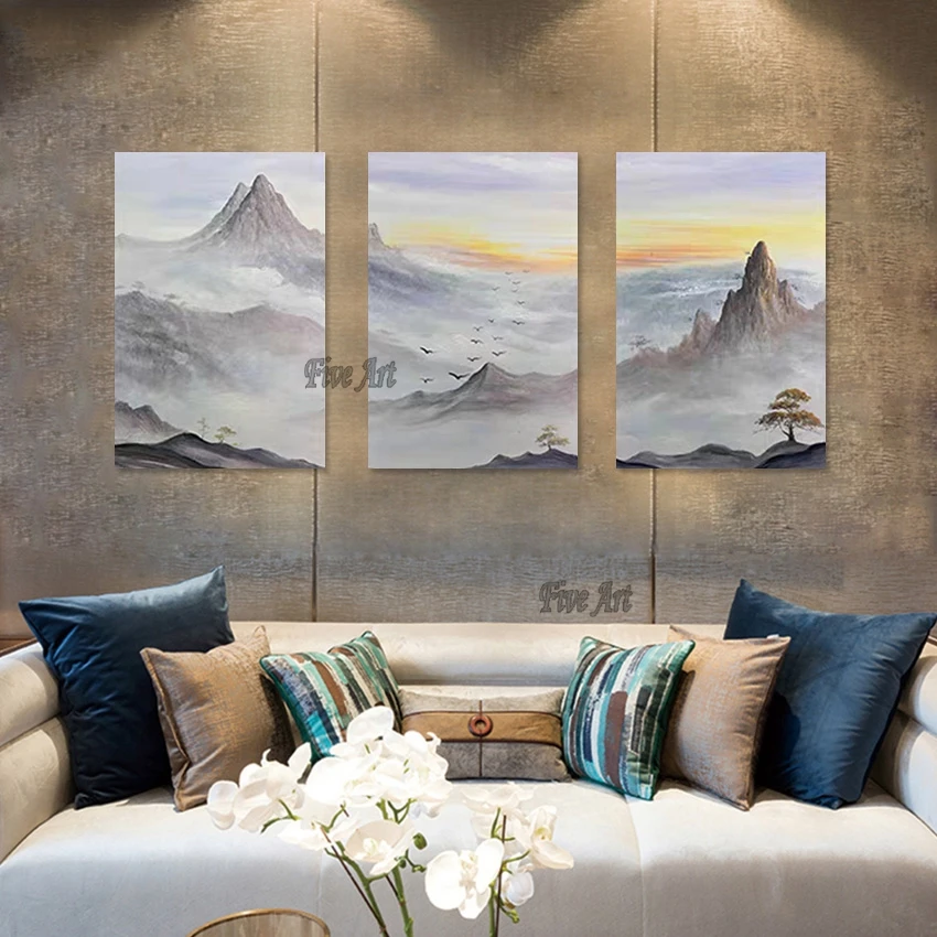 High Quality Beautiful Modern Art Chinese Landscape Painting Custom Artwork 3 Piece Canvas Hotel Wall Pictures Import Home Decor