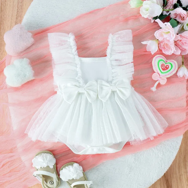 Infant Baby Girl Summer Romper Dress Fly Sleeve Cute Bow Mesh Tulle Skirt Ribbed Bodysuit Newborn Dresses D2L