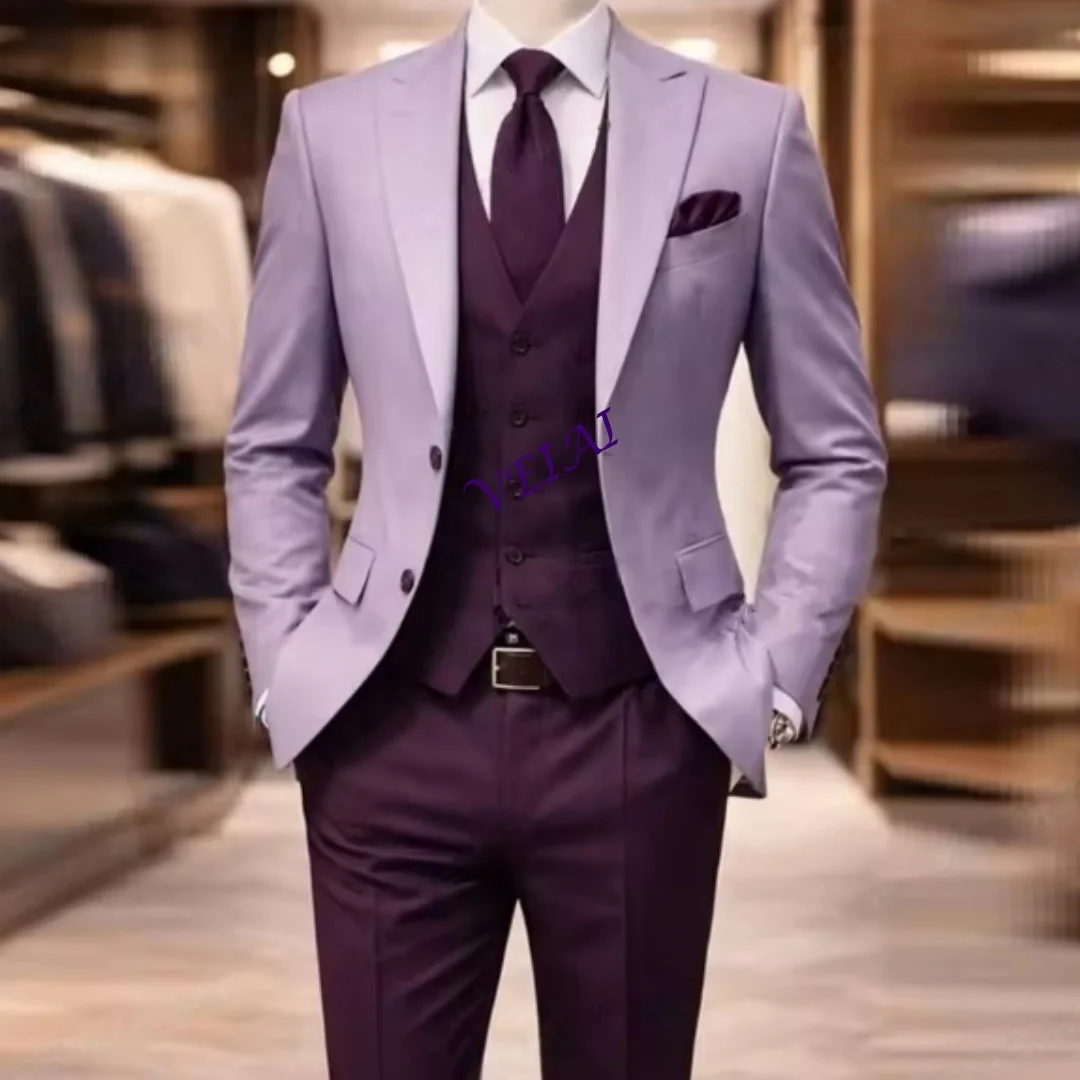 

CustomizedLavend And Purple New Men Suit Formal Groom Groomsman Wedding Party Prom Business Male Tuxedos 3 Piece Set Blazer Vest