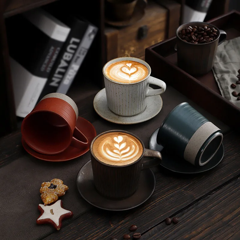 200 ML Creative Retro Ceramic Coffee Cup and Saucer Set Japanese Cup Simple Home Afternoon Tea Cup Coarse Pottery Mug Milk Mug