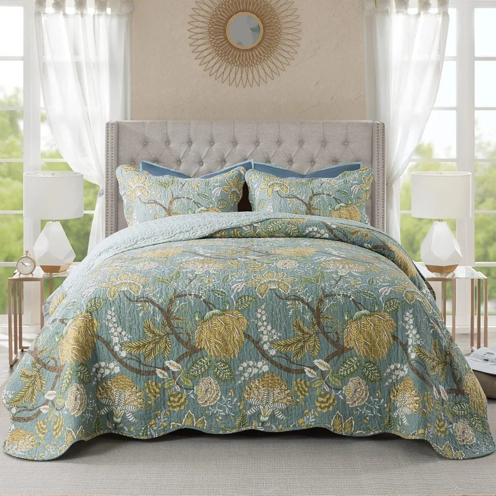 

Cotton Bedspread Quilt Sets-Reversible Patchwork Coverlet Set, Green Floral Pattern, Queen Size