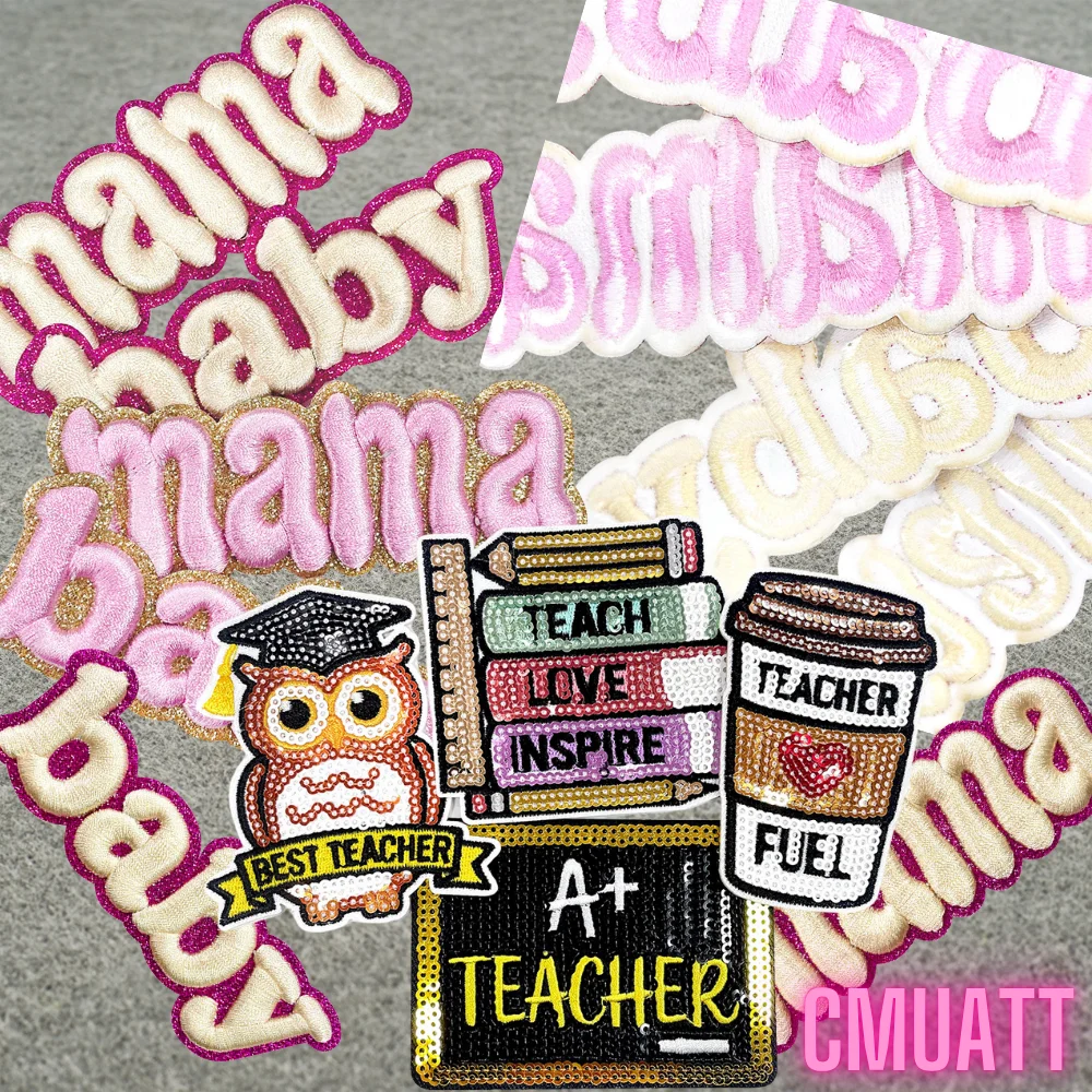 Mother Kids Love Teacher Love Iron on Small Emblem Thermoadhesive Sequin Edge Embroidery Patches Applique for T-shirts Hats Bags