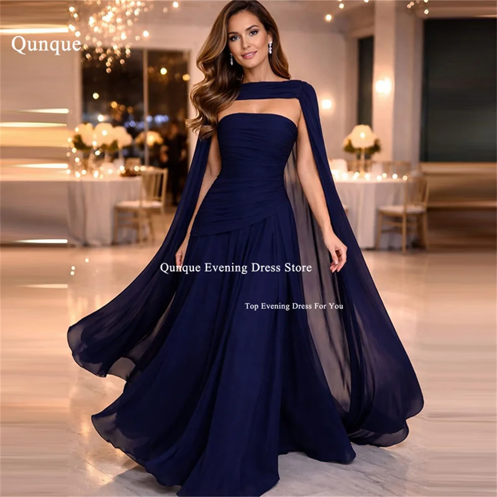 

Qunque Navy Blue Chiffon Women's Formal Evening Gowns Cap Sleeves Long A Line Robes De Soirée Dubai Vestidos De Fiest Customized