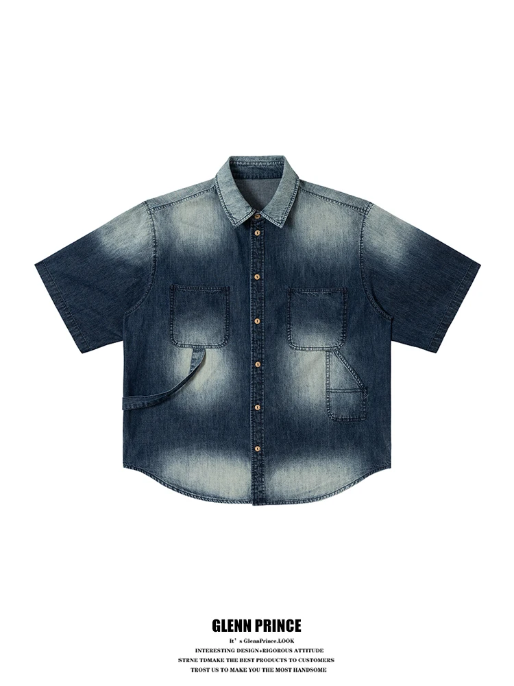 

GPstudio Summer High Street Washed Gradient Denim Workwear Shirt Men's Design Short Sleeve Cotton Polyester Blend