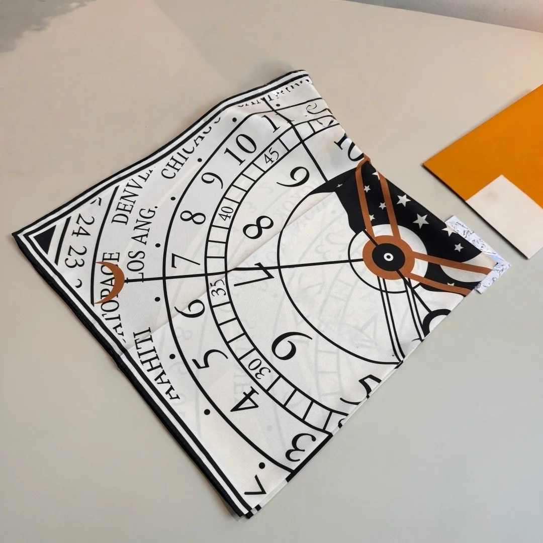 

Luxury Women's Silk Scarves Clock Pattern Scarves and Shawls Versatile Silk Square Scarves and Headscarves Clothing Accessories