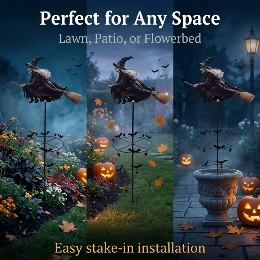 Witch and Bat Pattern Halloween Witch Garden Windmill Halloween Yard Art Outdoor Decor Metal Outdoor Garden Stake Decoration