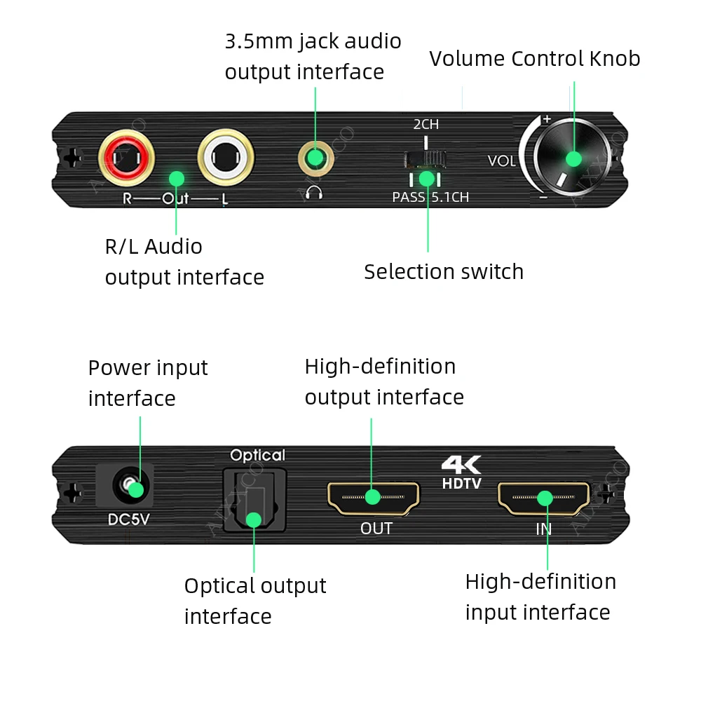 4K 60HZ YUV 4:4:4 HDR HDMI-compatible 2.0 Audio Extractor Optical TOSLINK SPDIF 5.1CH R/L 4K HDMI-compatible to SPDIF+R/L+3.5MM