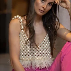 Fashion Hand Woven Halter Tank Top Sexy Fringe Frilled Design Imitation Pearl Corset Jewelry body chain for women accessories