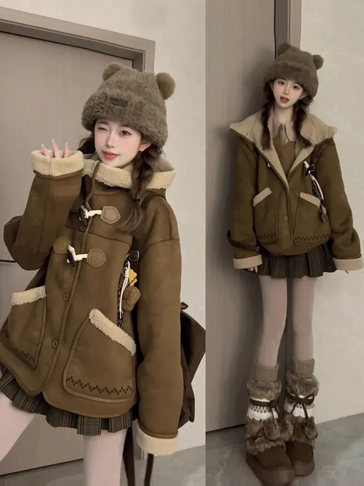 

Корейская женская зимняя куртка в стиле ретро, новый свободный топ с капюшоном из овчины, бархатная шуба из овечьего меха для женщин