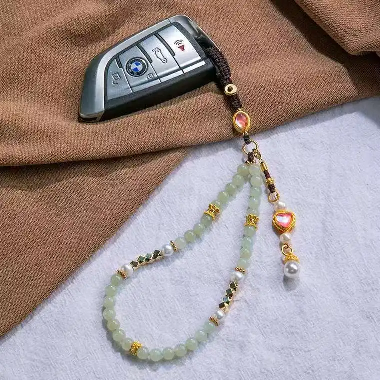 New Hotan Jade Phone Chain Unisex Equipped with Exquisite Pearls, Vintage Style Anti-lost Feature Exuding A High-end Feel