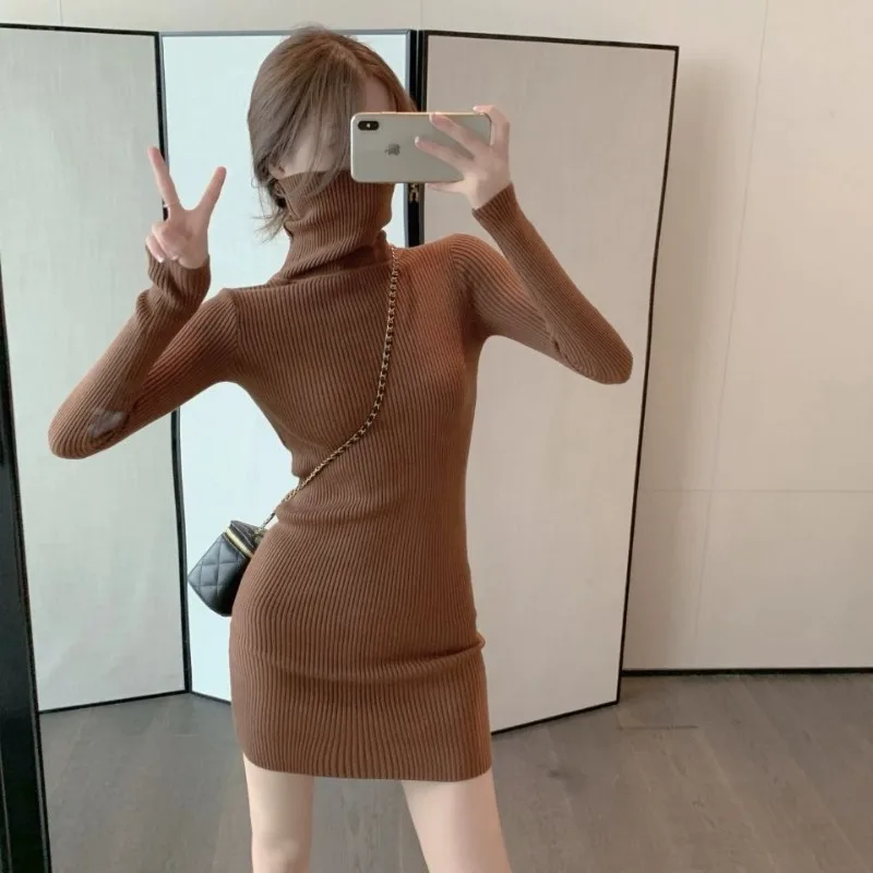 Turtleneck Women's Crochet Dresses Elegant Y2k Cool Fashion Retro High Quality Comfortable New In Bodycon Female Knit Dress