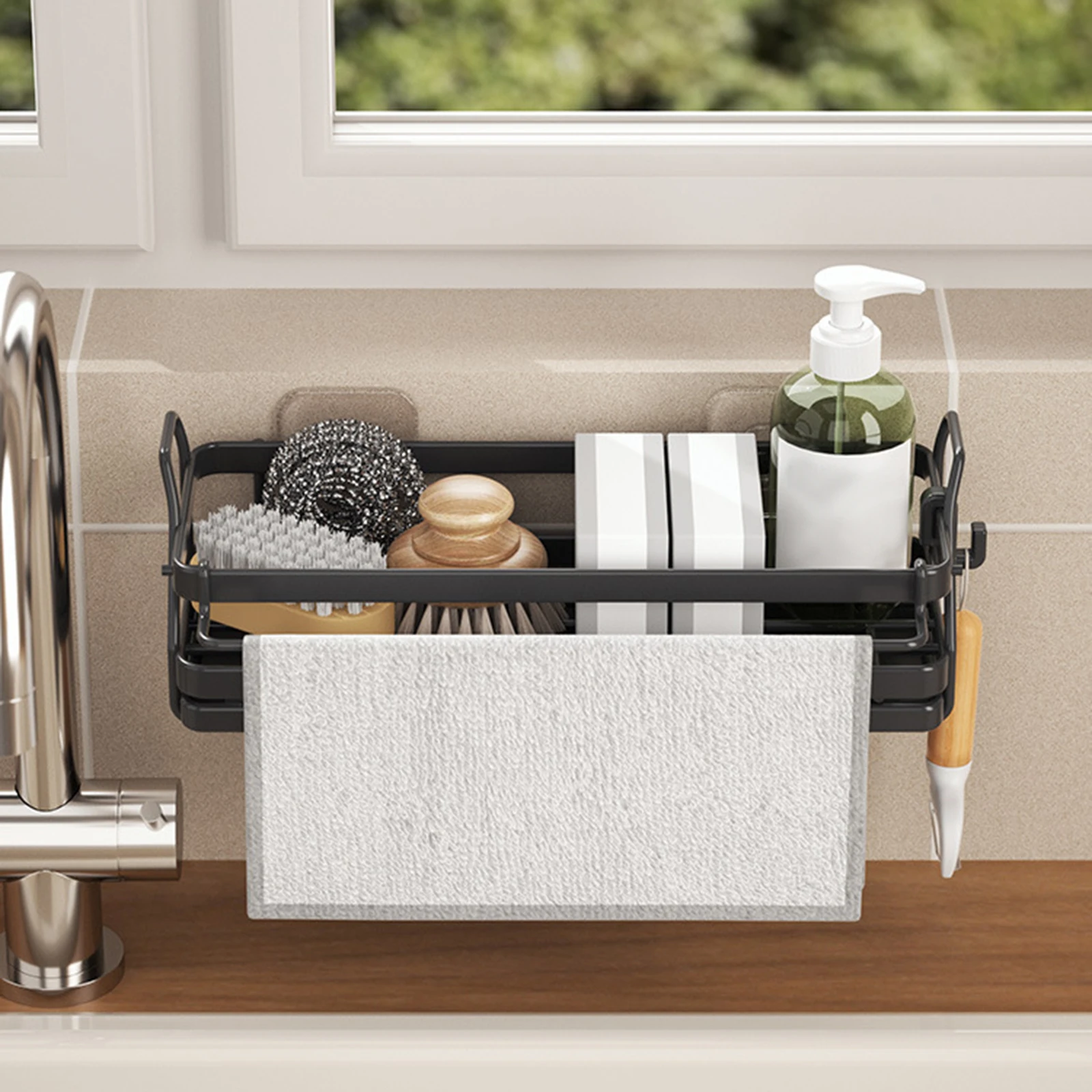 Kitchen Sink Sponge Holder with Removable Drain Tray Soap Dispenser Caddy Organizer for Dish Cloth Sink Stoppers Brushes