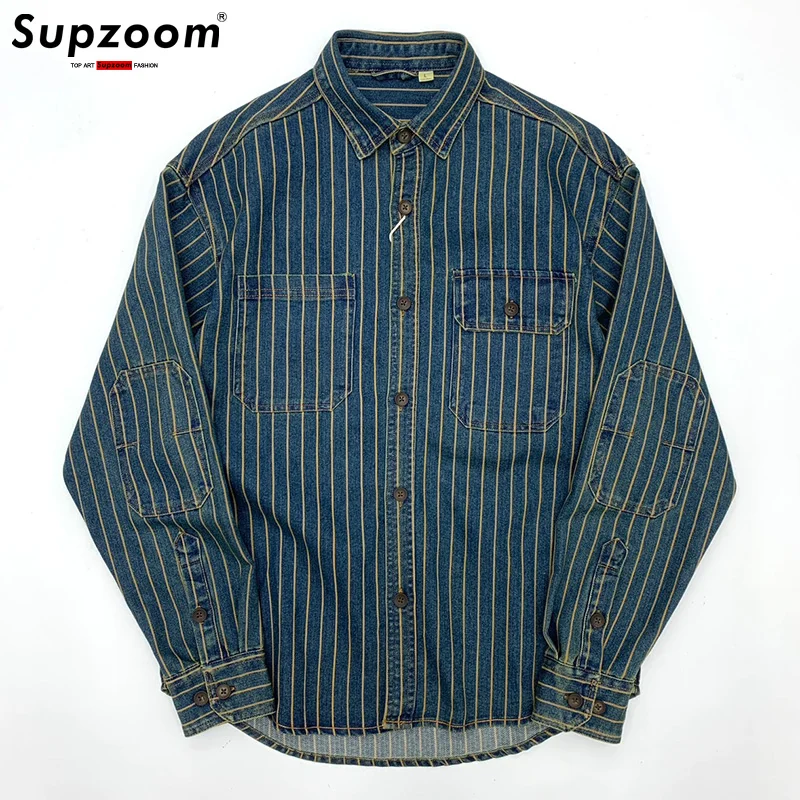 Supzoom 2024 New Arrival Top Fashion Brand Clothing Denim Full Turn-down Collar Open Stitch Striped Men Chemise Casual Shirts
