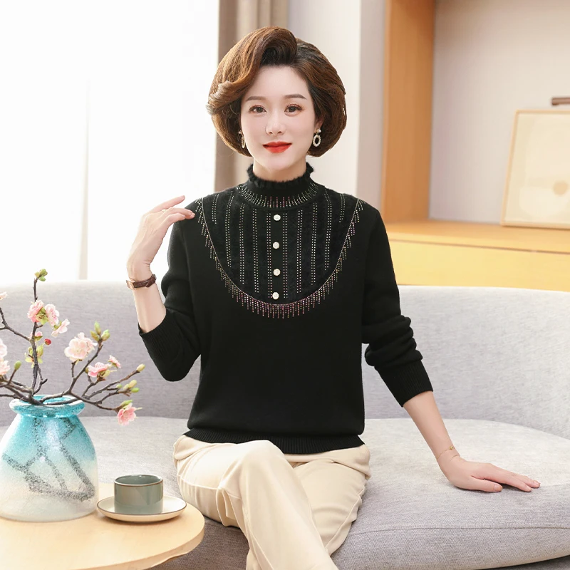 Middle-Aged Women's Knitted Sweater Loose Top Plush and Thicken Pullover Spring and Autumn Clothes New Fashion 2023