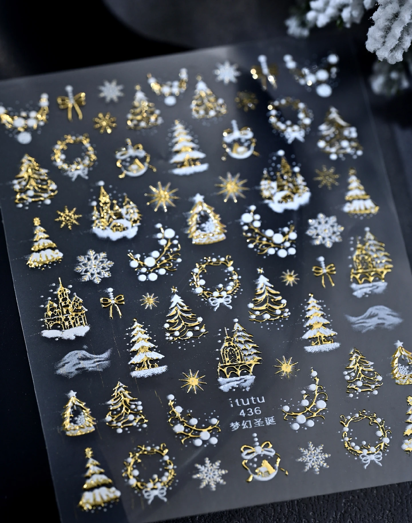 5D geprägte Gold Schloss/Girlande/Weihnachtsbaum Nagelaufkleber weiße Schneeflocken Schleife Stern Nagelaufkleber selbstklebende Weihnachts-Nageldekoration – Detail 1