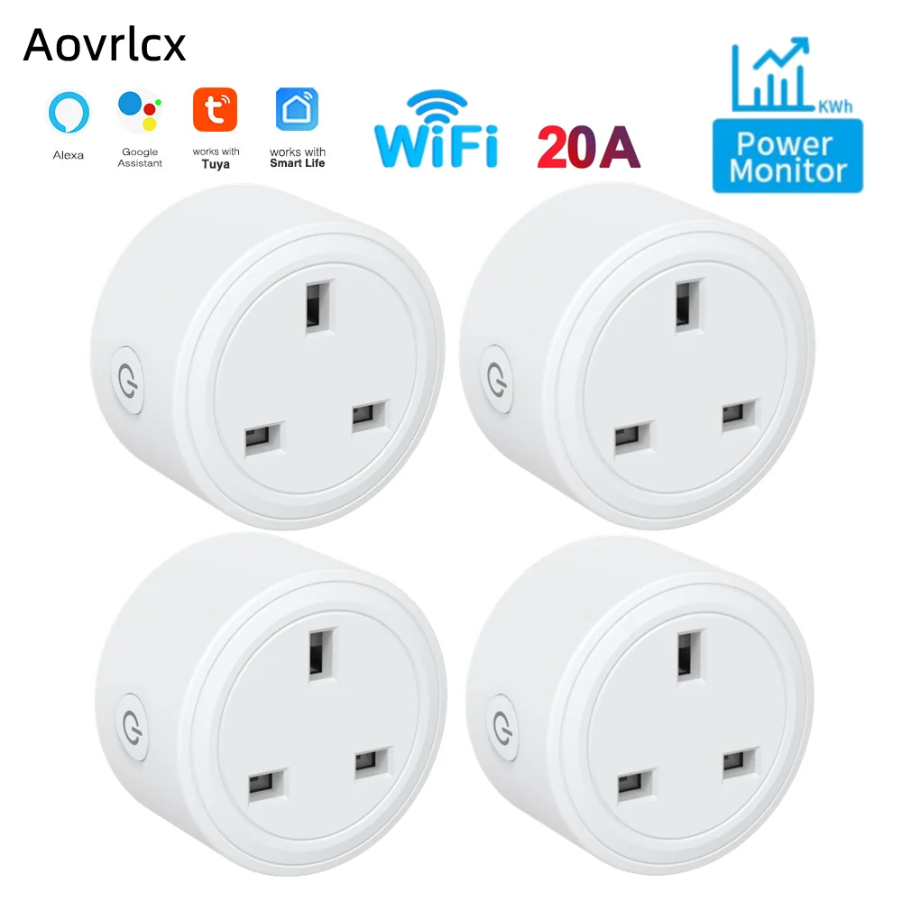 

UK 20A Tuya WiFi Plug Smart Socket 3pin Adapter Home Alexa Voice Control With Energy Monitering Timer Function Power Outlet Set