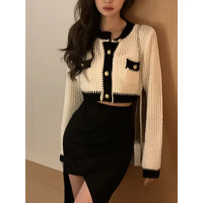 Повседневный женский кардиган с длинными рукавами и пуговицами, тонкие укороченные топы Y2K, офисный женский вязаный свитер, корейская модная одежда, осень 2022, jdkg
