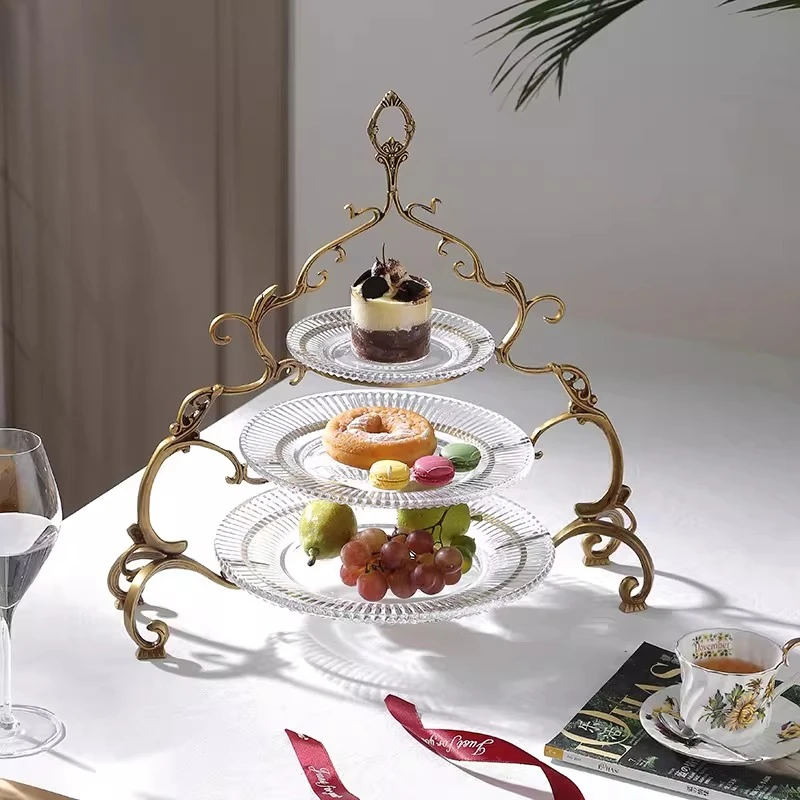 High-end light luxury brass crystal three-layer fruit plate European dining table coffee table fruit dessert table tray ornament
