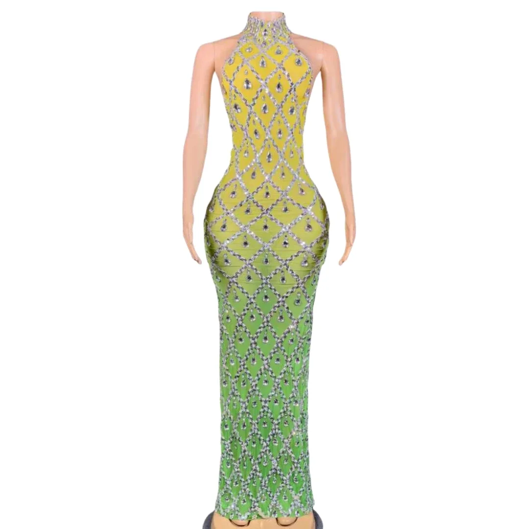 Seksowna długa sukienka bez rękawów dla kobiet, wysoki kołnierz, kryształy, cyrkonie, elastyczna, dla piosenkarki, klubowa, balowa, bogini, błyszcząca, urodzinowa królowa.