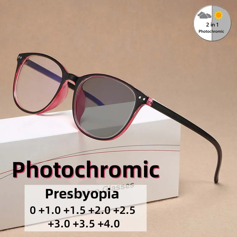 

Fashion Photochromic Presbyopia Glasses New Versatile Round Anti Blue Light Glasses Optical Prescription Eyeglasses 0 TO +4.0
