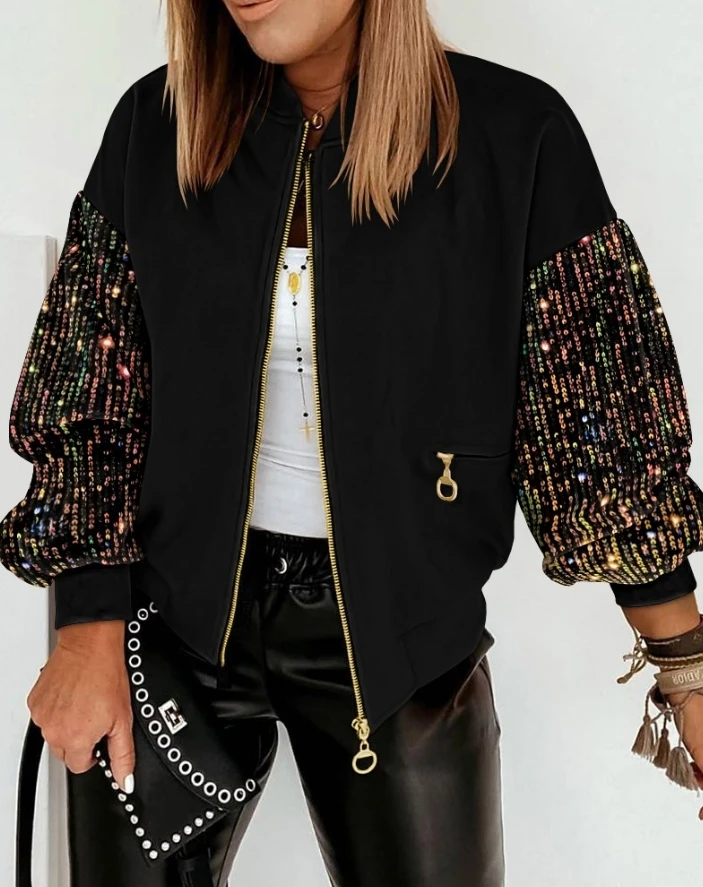 

Women Jacket 2024 Spring Autumn Fashion Pocket Zipper Design Contrast Sequin Casual Round Neck Long Sleeve Daily Jacket Coat