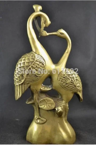 8 Inch High Chinese Home Decor Handwork brass Carving Couples Crane Statue