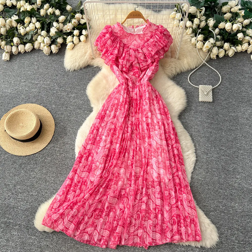 

Новое летнее розовое шифоновое платье без рукавов с принтом, круглым вырезом, оборками и плиссировкой, длинное, модель C426