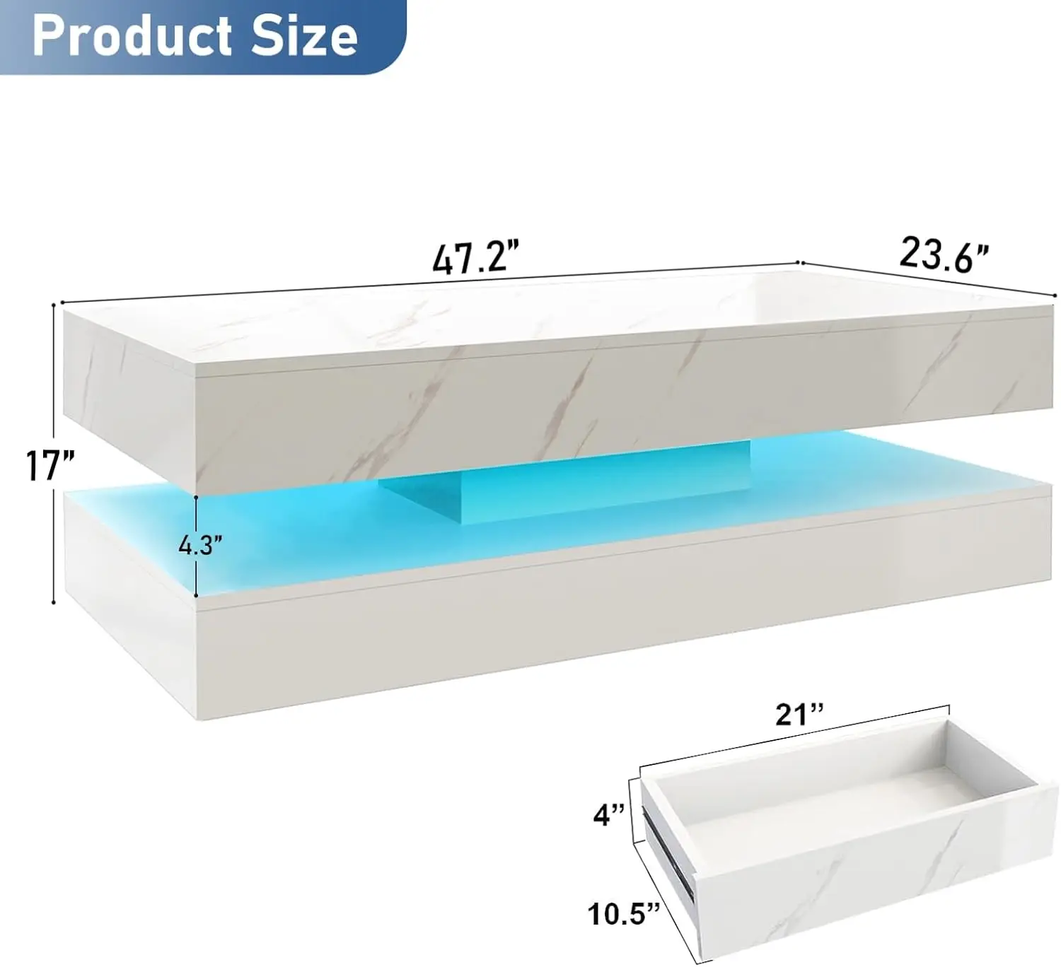 HOMFAMILIA LED Coffee Table 2 Drawers,High Gloss White,20 Colors LED,2-Tier Living Room Table,Marbling Print,APP Control,White