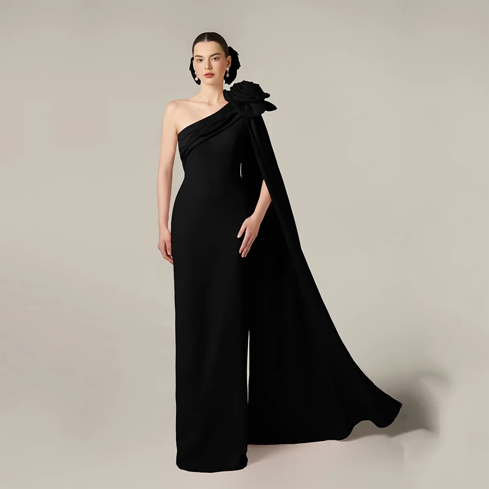 

Black Straight Long Valentine's Party Dress with Pleat Flower Shawl Fashion One Shoulder Evening Dresses Customized Prom Gowns