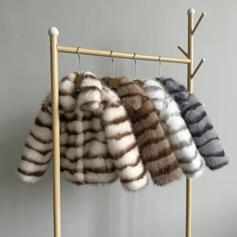

Faux Fox Fur Coats Children Striped Fur Jackets Turn Down Collar Long Sleeve Coverd Button Thick Loose Casual 2025 Autumn Winter
