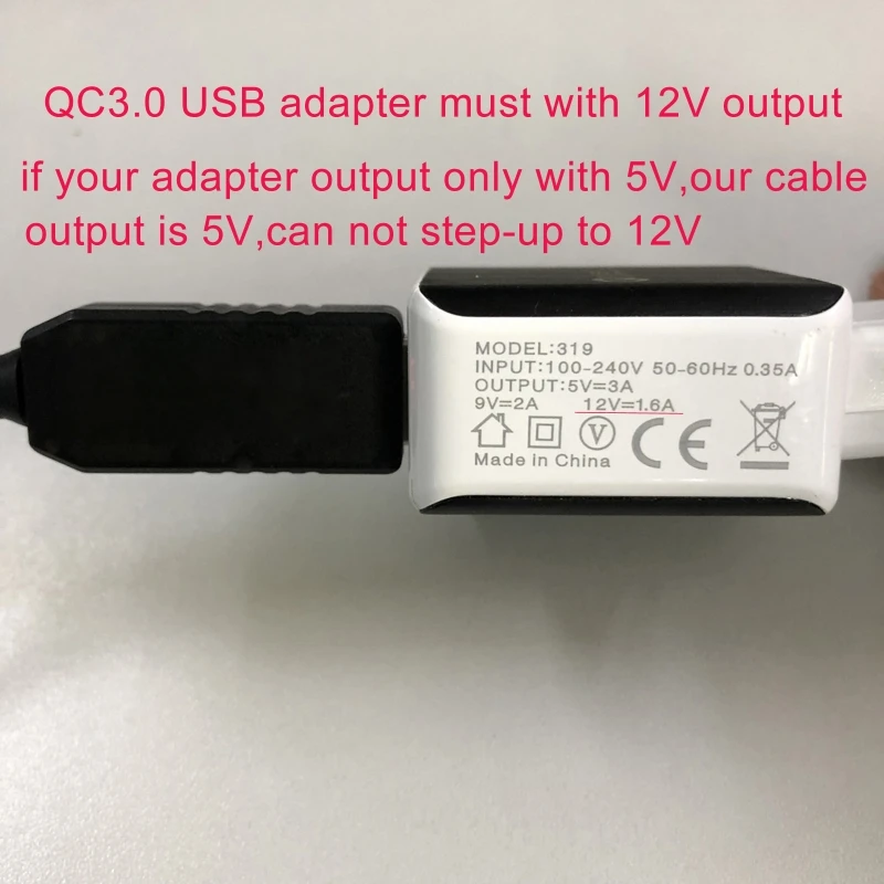 adaptador conversor QC3.0 USB para 12V 1M para ventilador câmera roteador WiFi lâmpada LED