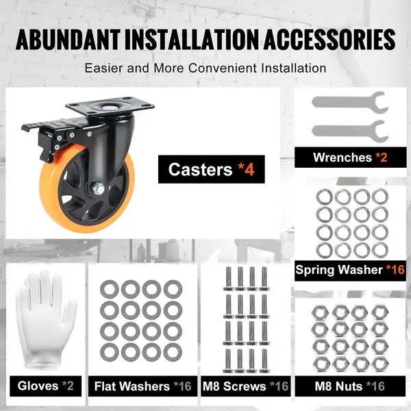 Роликовые колеса VEVOR, 5-дюймовые поворотные ролики, набор из 4 шт., с защитной блокировкой A/B, безшумные колеса из ПВХ, сверхмощные, 450 фунтов.