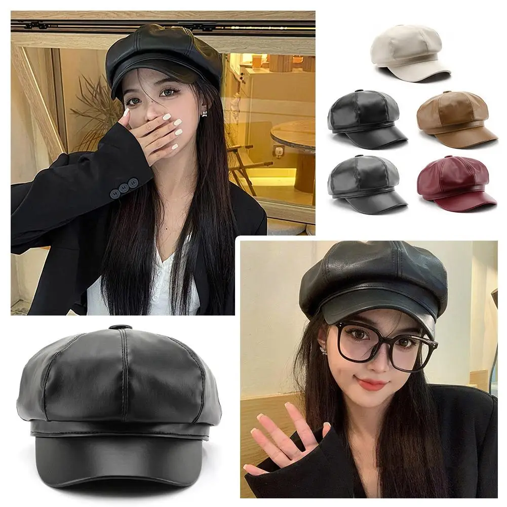 Fashion Female PU Leather Octagon Hat Duck Tongue Korean Version Of The Tide Spring Vintage British Wind Hat With Beret