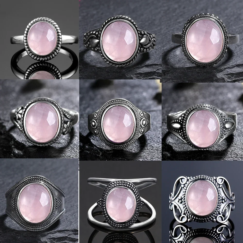 S925 Sterling SilverRing for Women Oval Round Natural Rose Quartz Ring Gift Sun Shaped Retro Luxury Fine Jewelry