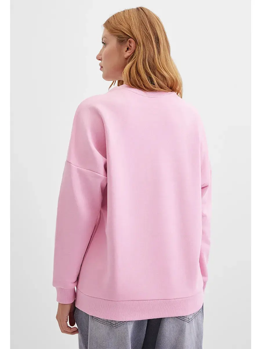 Zabawne Komiksy z Kotami Nadruk Różowe Bluzy Temperament Kobiety Moda Uliczna Okrągły Dekolt Oversize Pulower Jesień Modny Długi Rękaw