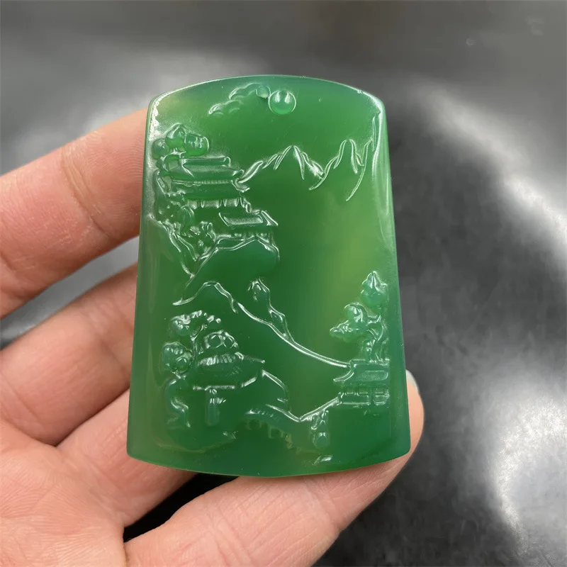 Cheap Jade Exquisite Green Chalcedony Landscape Brand Large Green Agate Landscape Sweater Chain Pendant Jade pendant