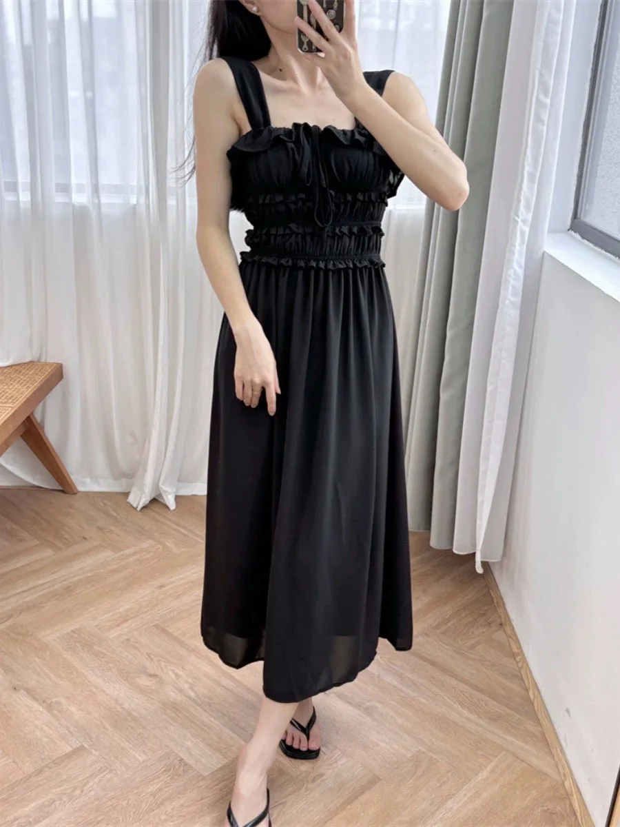 

2024 Summer New High Quality Women's Wear Ruffle lace pleated suspender waist cinched square neck dress 0621