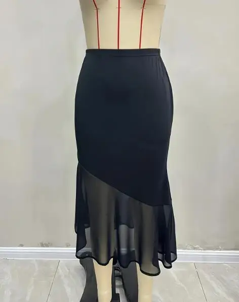 Herfst en winter 2025, dames effen kleur mesh gewikkeld heuprok, nieuwe elastische taille, afslankende elegante stijl vissenstaartrok