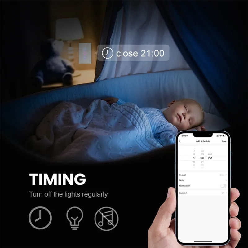 Ingenious-Wifi Smart Wall Switch LED Light Switches 3 Gang Smart Touch Sensor Black US Plug