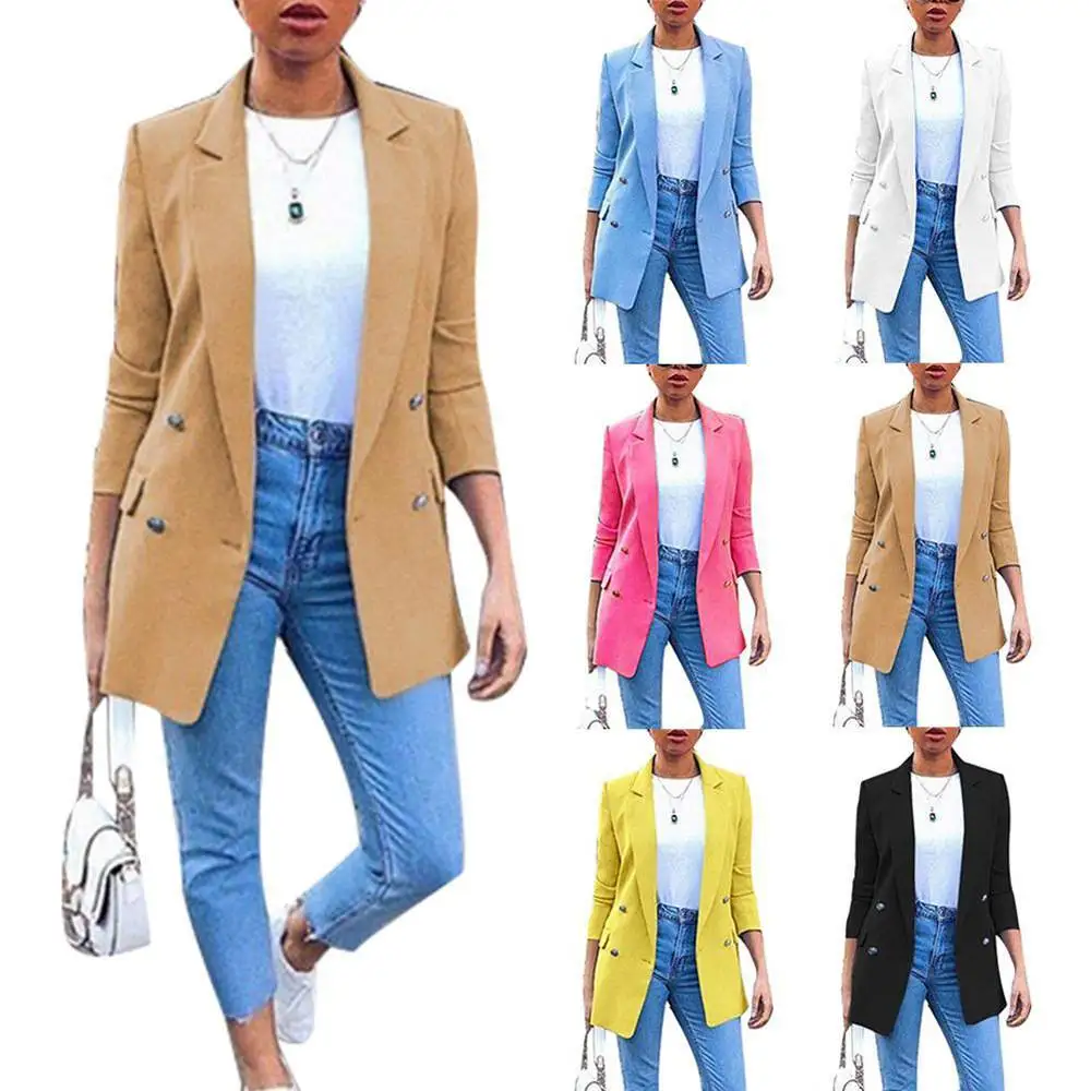 

Elegant Pure Color Fashionable Collar Open Cardigan Mid-Length Women's Suit Jacket Smart Style Straight Tube Universal Fit