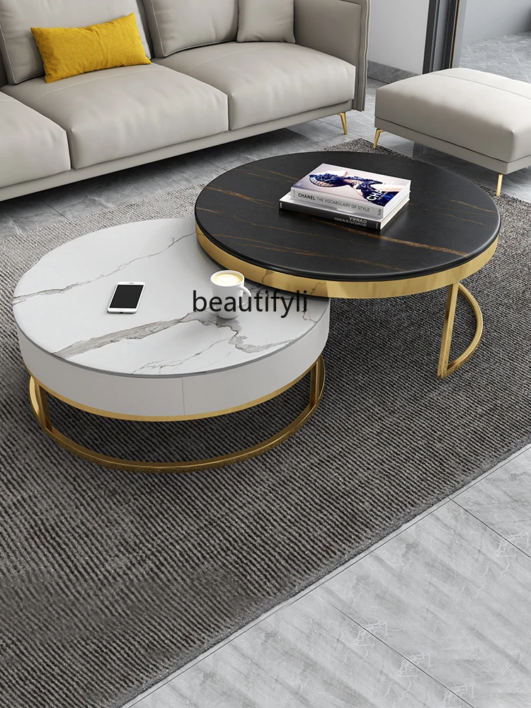 yj Italian Stone Plate round Tea Table Combination Modern Minimalist Tea Table Nordic Minimalism Tea Table