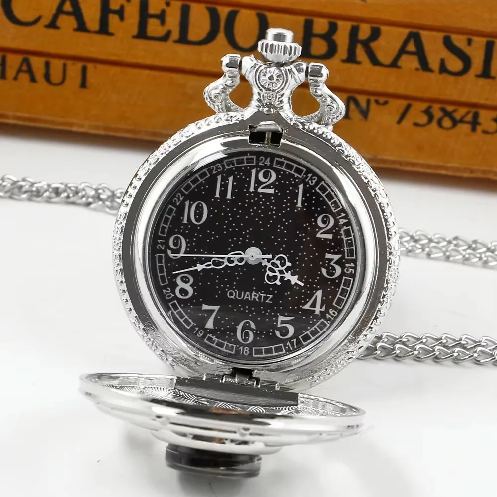 Мужские карманные часы в стиле ретро, полые, в стиле стимпанк, с цепочкой и подвеской, часы в подарок, черные, Звездный циферблат, кварцевые карманные часы для мужчин