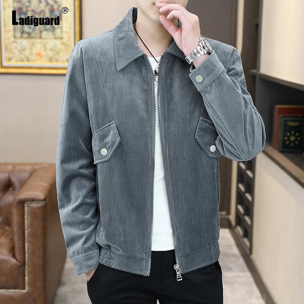 

Ladiguard 2023 Men's Corduroy Jacket Men Fashion Zipper Pockets retro Coats Lepal Collar Tops Outerwear Korean Style Jackets