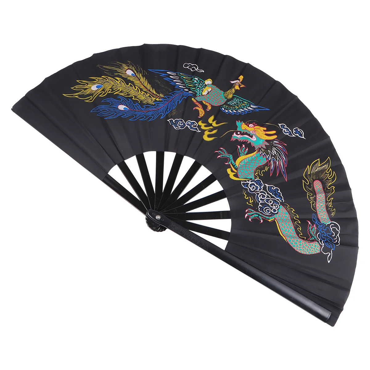 1Pc Troditional Chinese Pattern Folding Fan Handheld Fan for Tai Chi Fitness Kung Fu Performance(Black)