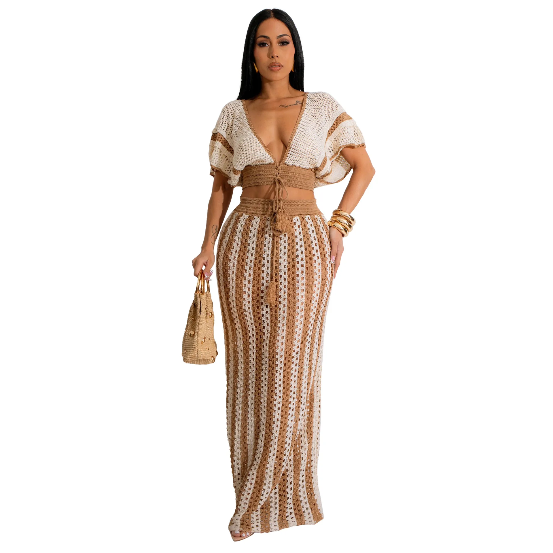 Robe longue à manches courtes pour femmes, jupe pull sexy, mode Y2K trempée, jupe longue Y et Maxi, ensembles 2 pièces, été, automne, 2024