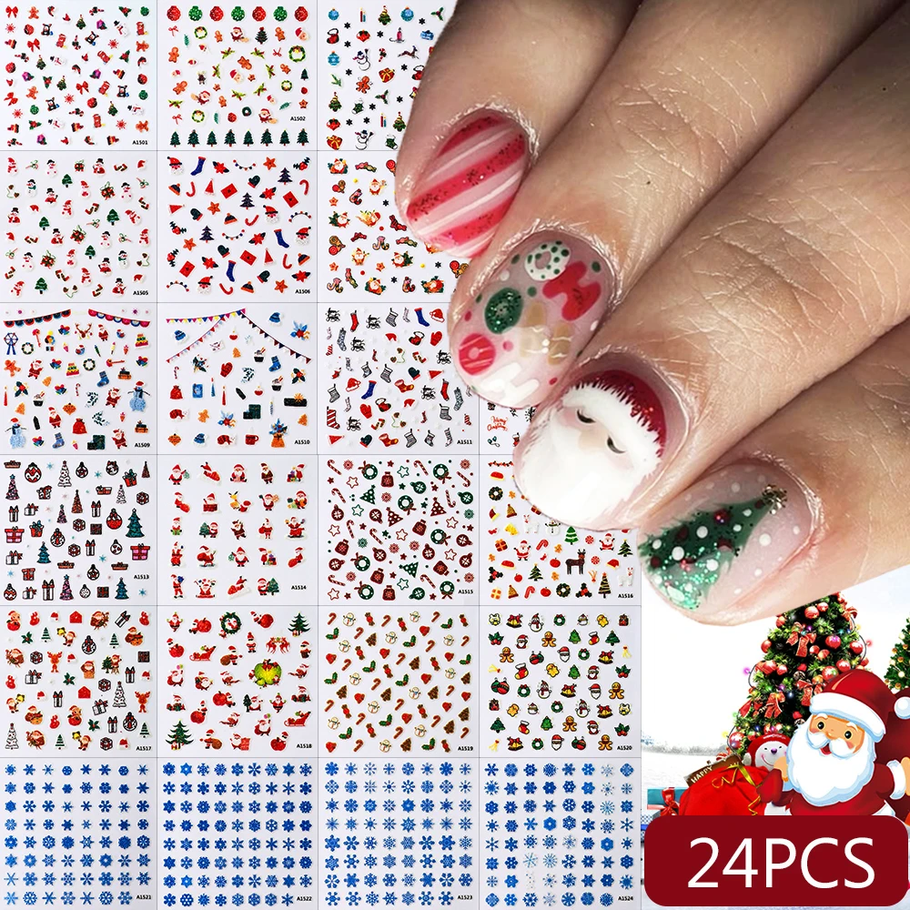 ﻿ 24/30pcs Glitter Fiocco di neve Mela rossa Babbo Natale Natale Decalcomanie per unghie 3D Kawaii Natale Nail Art Stickers Y2K Manicure Decor